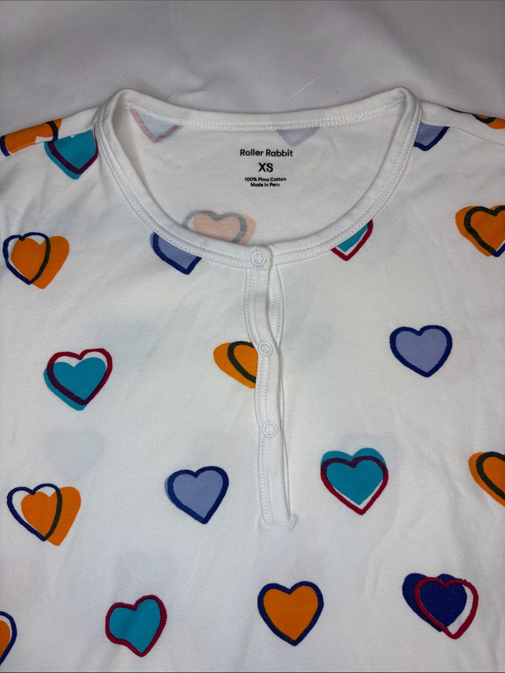 Roller Rabbit XS Big Hearts Pajama Top Henley Snap Long Sleeve 100% Pima Cotton